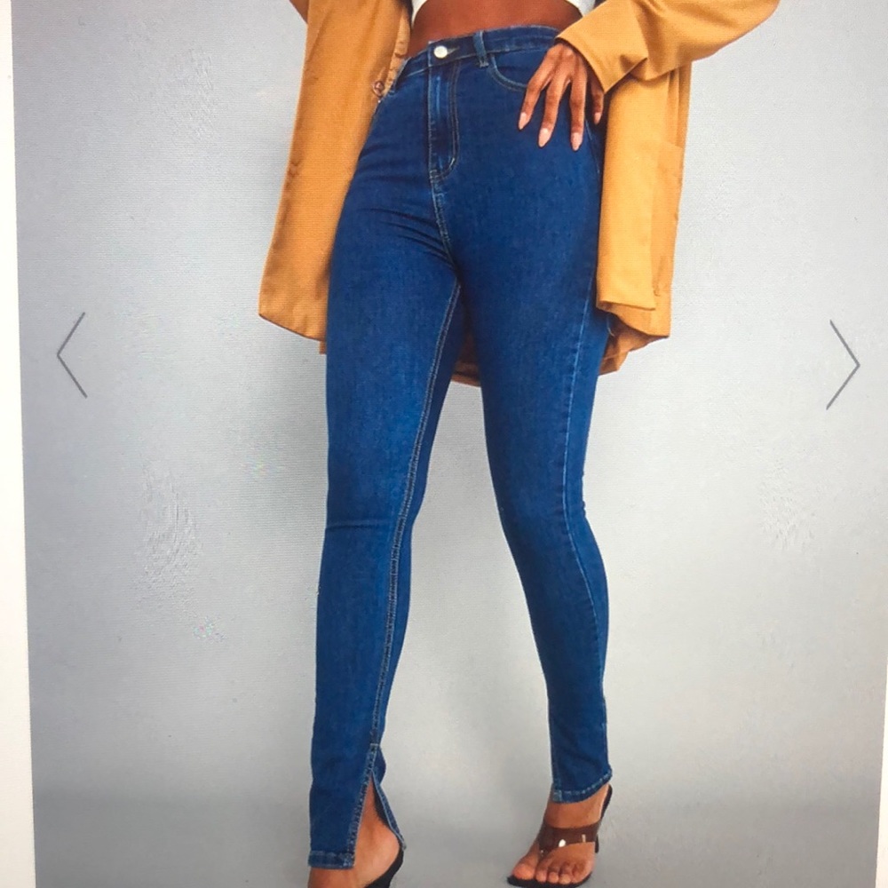 PrettyLittleThing Blue Wash Side Split Hem Skinny Jeans
